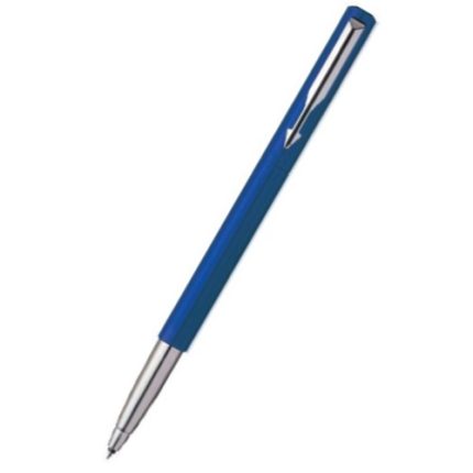 The Parker Vector Blue Rollerball Pen, featuring a luxurious design with a silver clip and tip reminiscent of classic Parker stylings, rests elegantly against a white background.