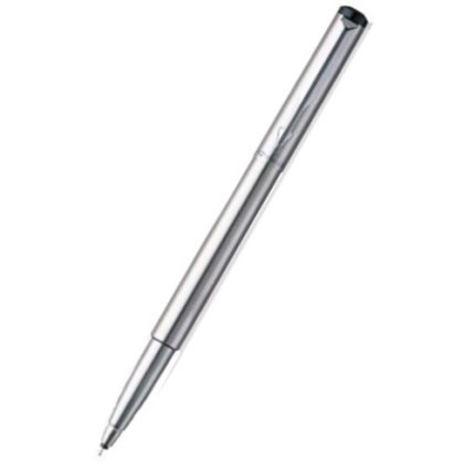 A stylish Parker Vector Blue Rollerball Pen with a metallic finish, showcasing its elegant and minimalist design as it is angled diagonally across a white background.