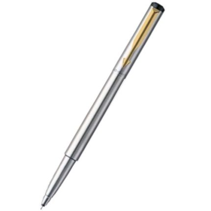 The Parker Vector Blue Rollerball Pen is elegantly featured against a plain white background. It showcases a glamorous blue body with intricate detailing near the top, while its uncapped state reveals a refined, thin tip for a sophisticated touch.