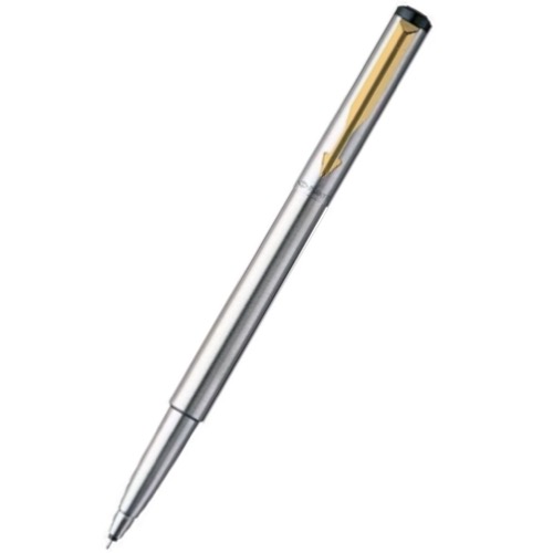 The Parker Vector Blue Rollerball Pen is elegantly featured against a plain white background. It showcases a glamorous blue body with intricate detailing near the top, while its uncapped state reveals a refined, thin tip for a sophisticated touch.