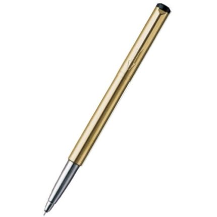 A stylish Parker Vector Blue Rollerball Pen with a silver tip, slightly angled to the left, rests on a white background, offering a touch of luxury and the potential for personalization.