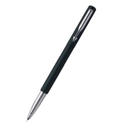 A sleek blue Parker Vector Rollerball Pen with a silver tip and a silver clip on the cap is angled diagonally against a white background, exuding sophistication.