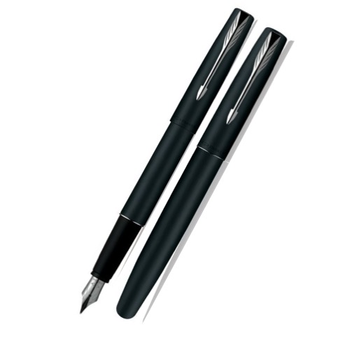 The Parker Frontier Chrome Silver with Gold Clip Fountain Pen is a sleek writing instrument, featuring its cap positioned next to it. It showcases a lustrous silver nib and gold decorative clips on both the pen and cap, highlighting elegance and precision.