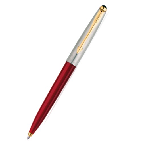 The Parker Galaxy Chrome Silver Ballpoint Pen, featuring a red and silver luxury design with a gold clip in the iconic Parker style, is elegantly displayed on a white background.