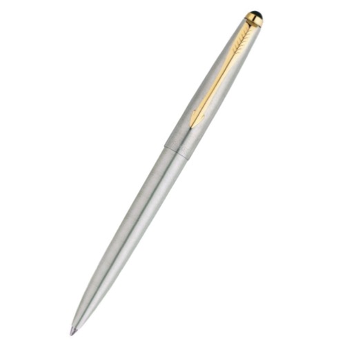 The Parker Galaxy Chrome Silver Ballpoint Pen, featuring a gold-colored clip and decorative tip that evoke a classic Parker design, is elegantly isolated on a white background.