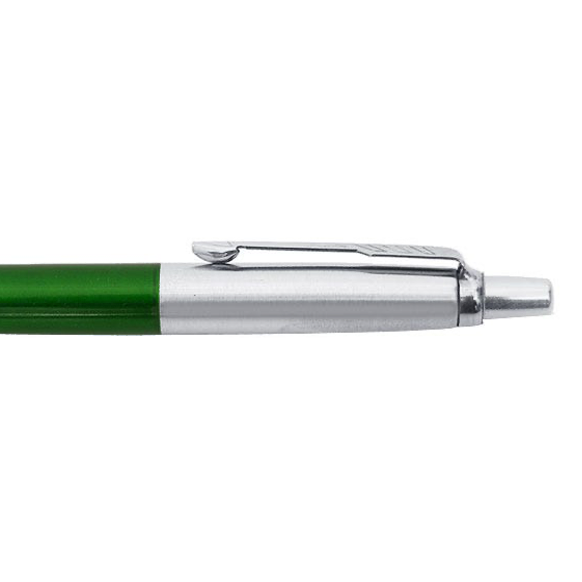 A close-up of a blue Parker Jotter ballpoint pen with a metallic clip and tip. The pen is positioned horizontally against a white background, showcasing its sleek design.